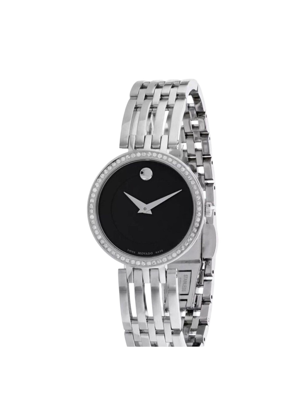 NWT Full Set Movado Museum Women Stainless Steel Black Dial Diamond 28mm